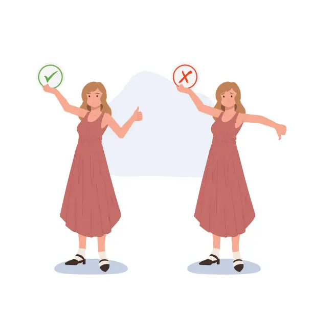 Vector illustration of woman with thumbs-up and down. Flat vector cartoon character illustration