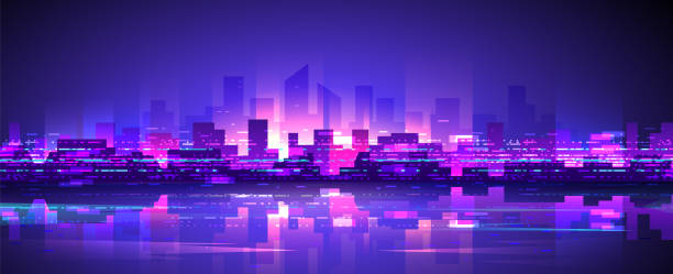 Purple shining cyberpunk metropolis on dark background. Purple shining cyberpunk metropolis in retro style on dark background. Widescreen futuristic night city. futurism stock illustrations