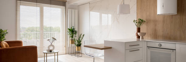 istock Fashionable and small apartment interior, panorama 1447430612