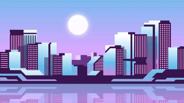 Vector illustration of The morning sun rises over the city.