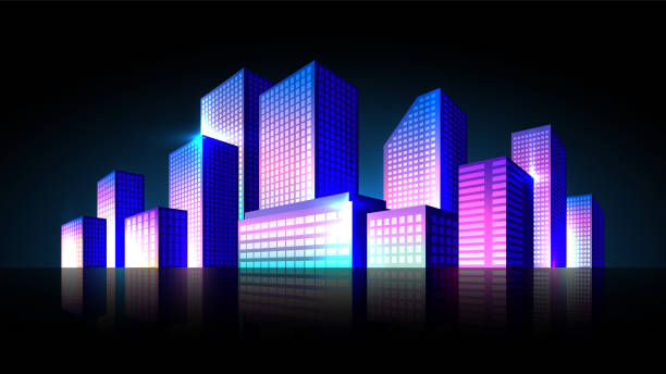 istock Cyberpunk business district with skyscrapers horizontal illustration. 1447430945