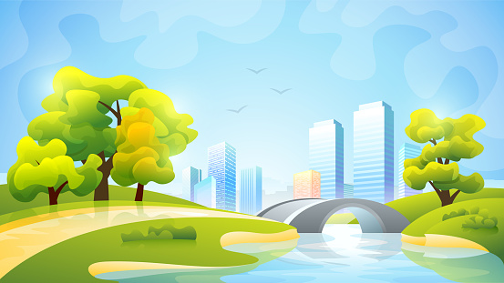 Vector color gradient illustration of daytime city park with a river on the background of skyscrapers.