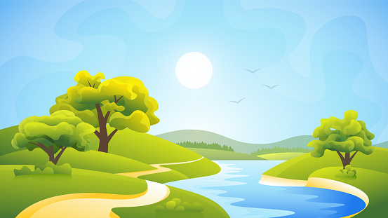 Vector color gradient illustration of daytime city park on the hills with paths.