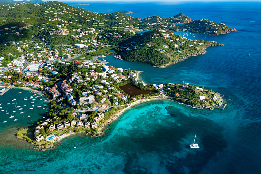 Aerial view of Cruz Bay, St. John, United States Virgin Islands