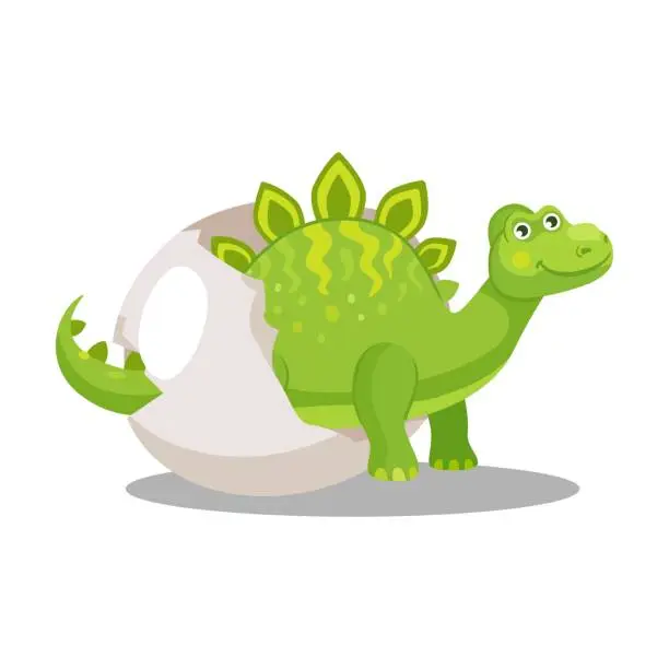 Vector illustration of Stage of hatching dinosaur from egg cartoon illustration. Funny green dino or dragon in egg shell on white background