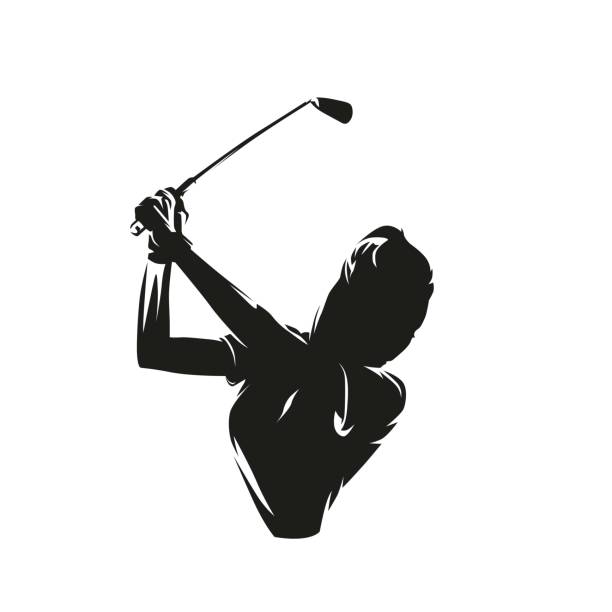 golf, golferin, abstrakte isolierte vektorsilhouette. golf swing logo - golf golf course swinging isolated stock-grafiken, -clipart, -cartoons und -symbole