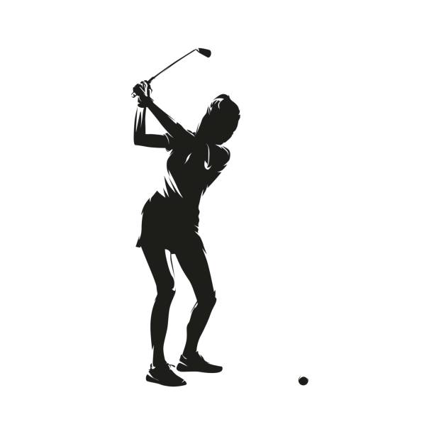 골프, 여성 골퍼, 추상적인 고립된 벡터 실루엣. 골프 스윙 로고 - golf golf course swinging isolated stock illustrations