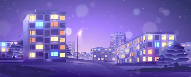 Vector illustration of Winter cityscape on buildings in the Soviet constructivism style.