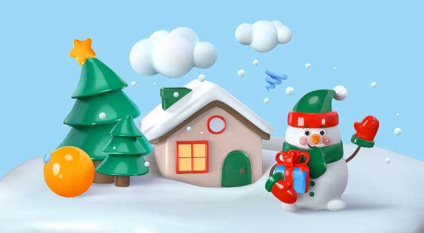 istock A snowman with a gift waves his hand near the house in winter 1447433387