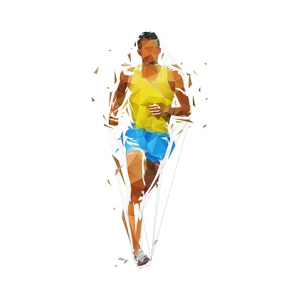 Run logo, running man, front view low polygonal isolated vector illustration. Geometric marathon logo from triangles