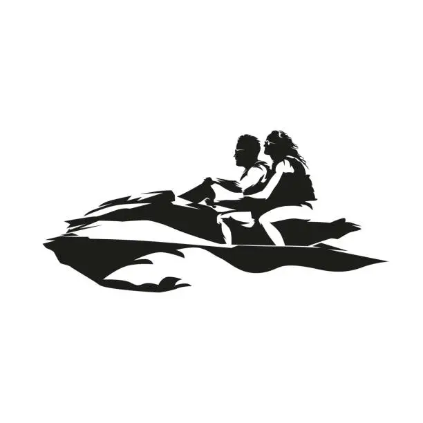 Vector illustration of Personal watercraft, PWC, water scooter or jet ski. Couple riding recreational watercraft