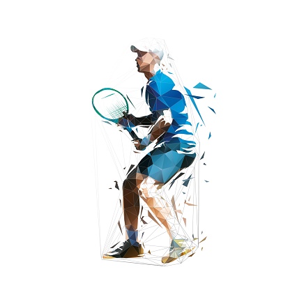 Tennis player, low poly isolated vector illustration. Geometric tennis logo from lines and triangles