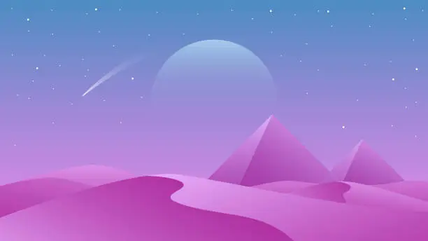 Vector illustration of Illustration of a landscape with pyramids in the desert on a background of the moon