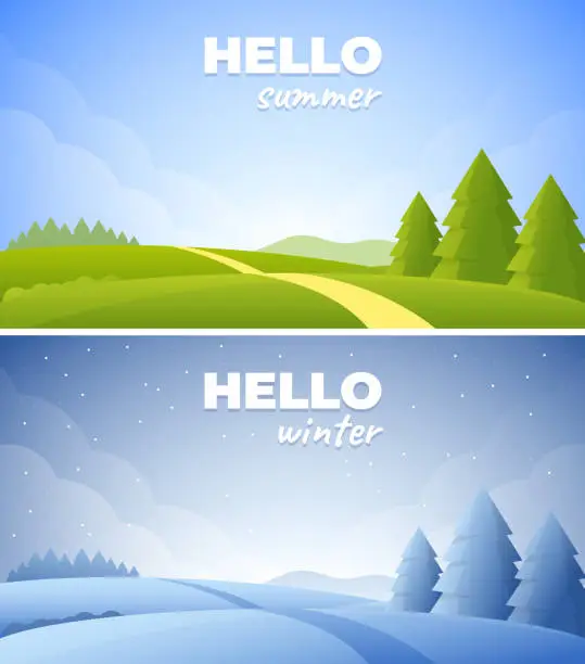 Vector illustration of Set of illustrations of summer and winter seasons landscape.