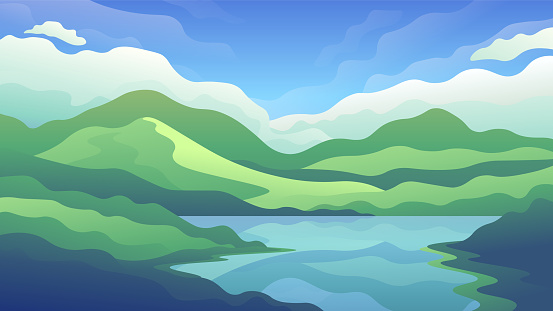 View of the lake shore among green high mountains. Horizontal vector illustration of a summer day landscape.