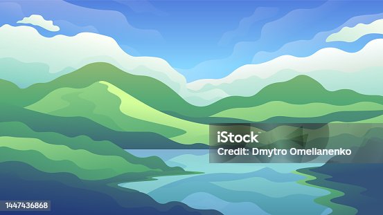 istock View of the lake shore among green high mountains. 1447436868