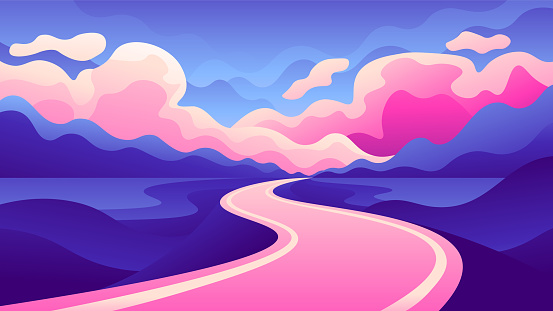 Winding road among the mountains on a sunset cloudy colorful background.