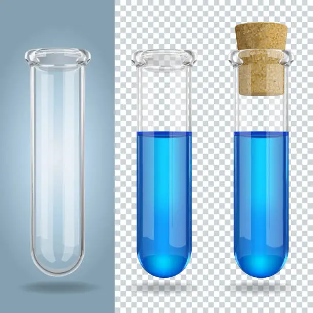 Vector illustration of Three 3D transparent glass test tubes with blue liquid. Vector Illustration.