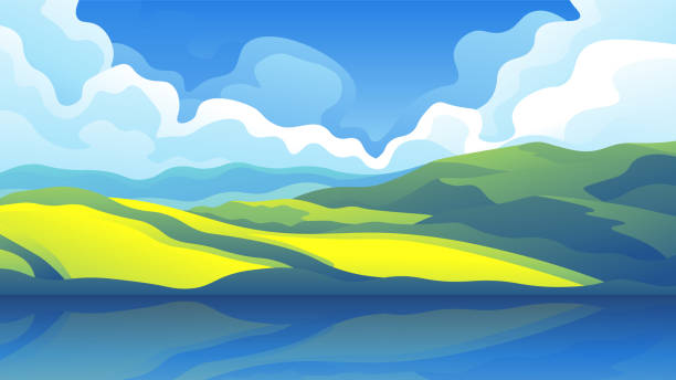Beautiful green meadows and hills near the sea. Beautiful juicy green meadows and hills near the sea. Bright cartoon landscape on white thick clouds background. tropical beach and clouds scene stock illustrations