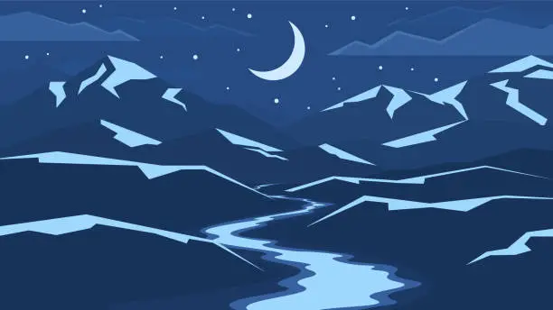 Vector illustration of Dark landscape of night flowing river on mountain silhouette background.