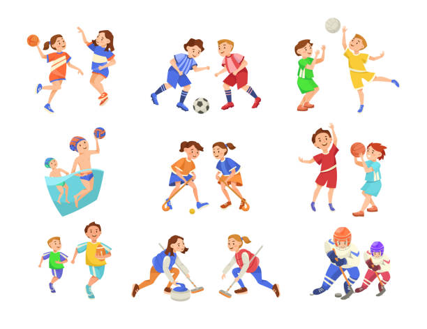 dzieci grające w różne sporty zespołowe zestaw ilustracji wektorowych - football child american football team stock illustrations