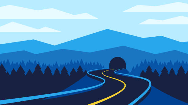 istock Dark evening landscape road passes through tunnel in the mountains. 1447441591
