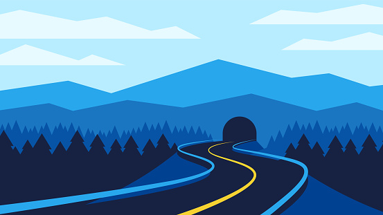 Dark evening landscape road passes through tunnel in the mountains. Horizontal minimalistic illustration.
