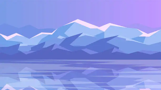 Vector illustration of Icy white mountains stand near the water.