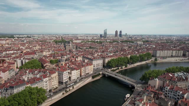 The drone aerial footage of River Saone runs through Lyon city, France.