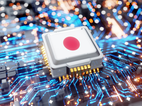 AI. Circuit board. Technology background. Central Computer Processors CPU and GPU concept. Motherboard digital chip. Tech science background. Integrated communication processor. \nSemiconductor, Circuit Board, Brain, Design, Artificial Intelligence.japanese flag.