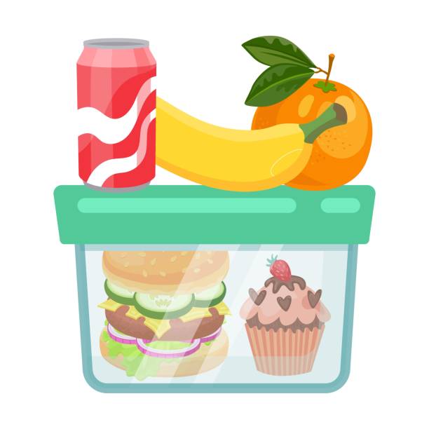 torba dla dzieci z ilustracją z kreskówki o jedzeniu. pudełka na lunch z babeczkami, sokami, ciasteczkami i jabłkami na białym tle - backpack packed lunch school food stock illustrations