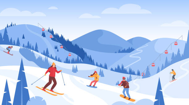 ilustraciones, imágenes clip art, dibujos animados e iconos de stock de paisaje de montaña invernal con gente - skiing snowboarding snowboard snow