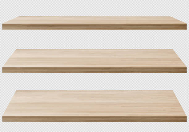 holzplatten realistisches png-set, perspektivische ansicht - wooden desk stock-grafiken, -clipart, -cartoons und -symbole