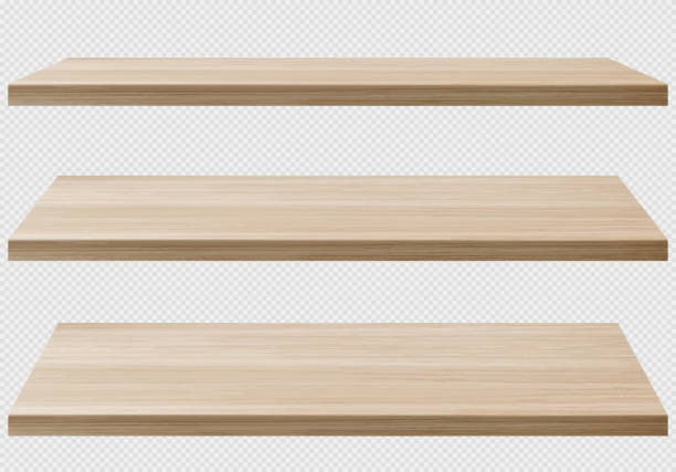 Wood sheets realistic png set, perspective view Wood tabletop sheets realistic png set, perspective view isolated on transparent background. Vector illustration of natural material for furniture production. Light brown surface of shelf or desk wood table stock illustrations