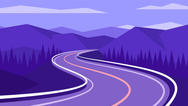 Long winding road leading off into the mountains. Long winding road leading off into the mountains. Horizontal purple illustration of asphalt roadway in the evening mountain background. winding road mountain stock illustrations