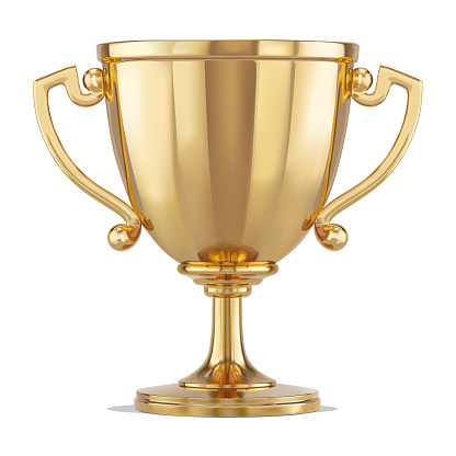 3D Golden Trophy Cup isolated on white background. Vector Illustration.
