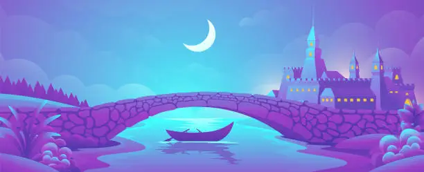 Vector illustration of Romantic scene of boat under stone bridge on castle background.