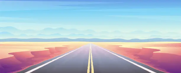 Vector illustration of Desert empty automobile road through sandy canyon.