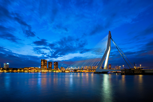 Rotterdam, Netherlands - May 11, 2017: View of Erasmus Bridge (Erasmusbrug) and Rotterdam skyline cityscape illuminated at night. Rotterdam, Netherlands