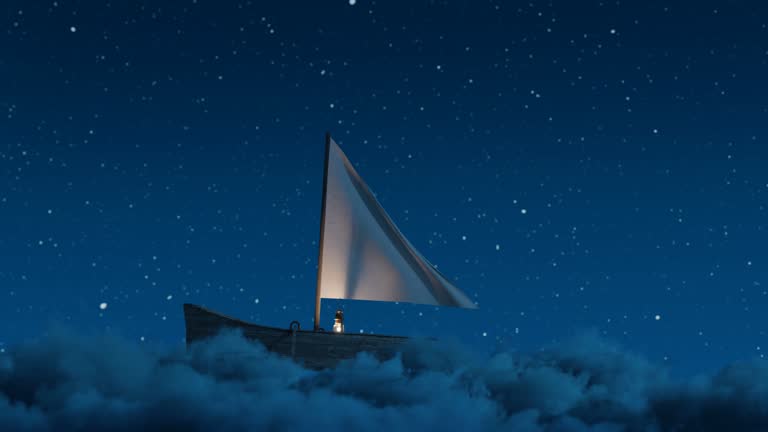 flying wooden boat with waving canvas over fluffy night clouds