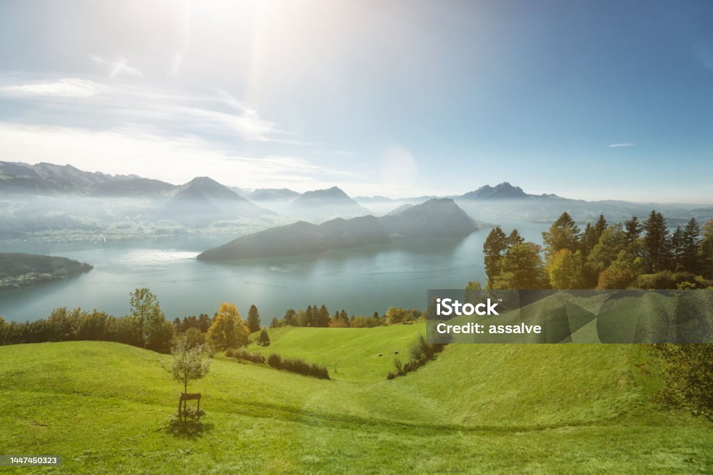 Looking out of train to Mount Rigi with spectacular view over lake Lucerne Lake Lucerne Stock Photo