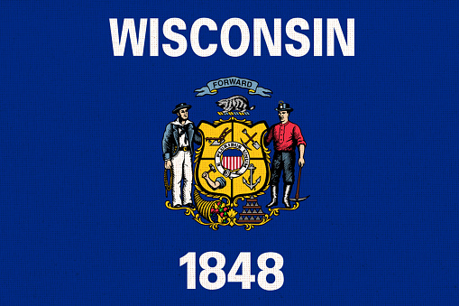 Flags of the U.S. states Fabric Flag Wisconsin, Flag Of Wisconsin. Flag of American state Wisconsin. Symbol of Wisconsin. American state. Fabric Texture