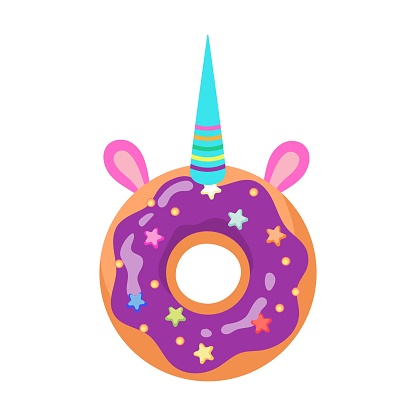 Cute baked donuts in unicorn horn vector illustration. Horn, ear, crown, rainbow on white background