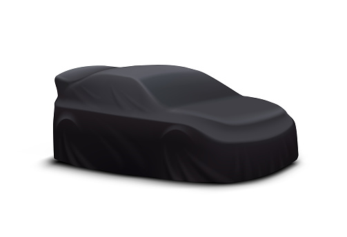 Black car cover, automobile cover. New car presentation, realistic vector illustration.