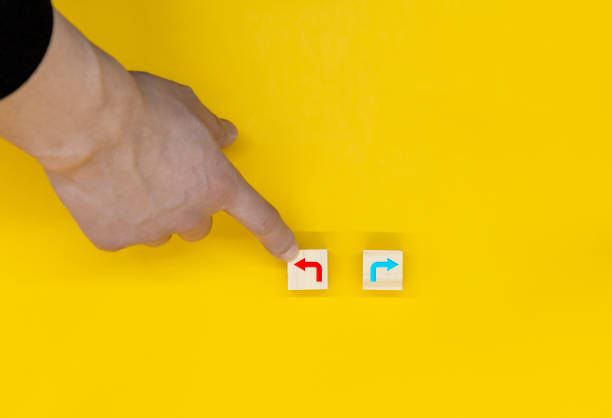 istock The hand that selects left among the wooden blocks marked with the left and right icon 1447454426