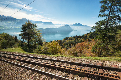 Looking out of train to Mount Rigi with spectacular view over lake Lucerne