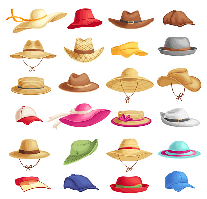 Bright colorful headgear for sunny weather. Female and male hats for vacation. Different stylish accessories for summer period. Sport, casual and elegant headgear isolated vector set