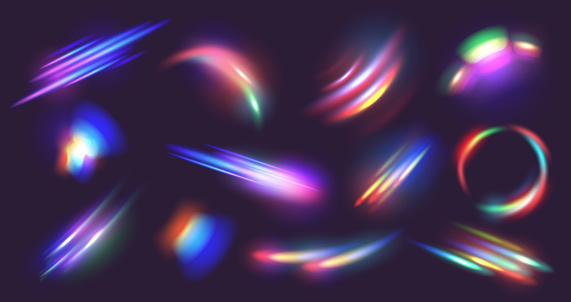 Diamond prism light flares. Crystal caustic light, lens effects and diamond refraction colors overlay vector set. Magic bright colorful sparks and beams. Blurred glowing flashes and bursts