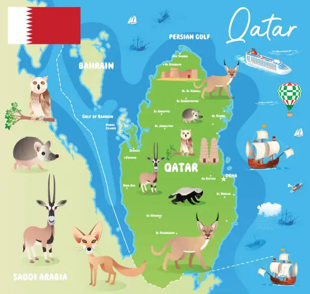 Vector illustration of Qatar Map and Animals