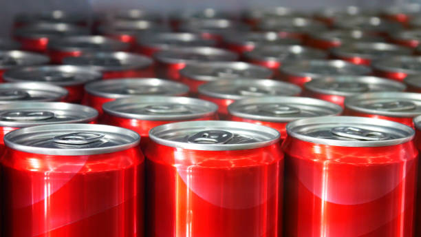 istock Close-up of many red cans standing in a rows 1447457518
